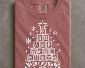 American Mahjong Christmas Tree Comfort Colors T-Shirt With Snowflakes and Bow