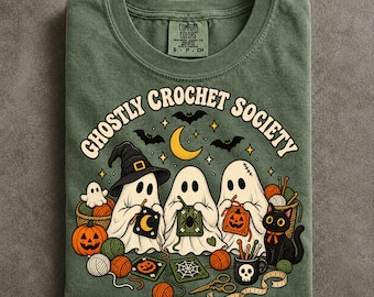 Spooky Stitch Club Comfort Colors T-Shirt, Crochet Ghosts With Black Cat and Bats