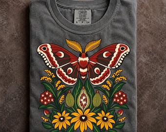Cecropia Moth Folk Art Comfort Colors T-Shirt, Milkweed and Wildflower Botanical Design