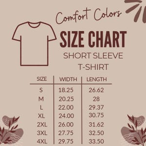 Pode incluir: Uma tabela de tamanhos para uma camiseta de manga curta, com medidas em polegadas. A tabela inclui tamanhos de S a 4XL, com as medidas correspondentes de largura e comprimento. O texto "Comfort Colors" est&aacute; no topo.