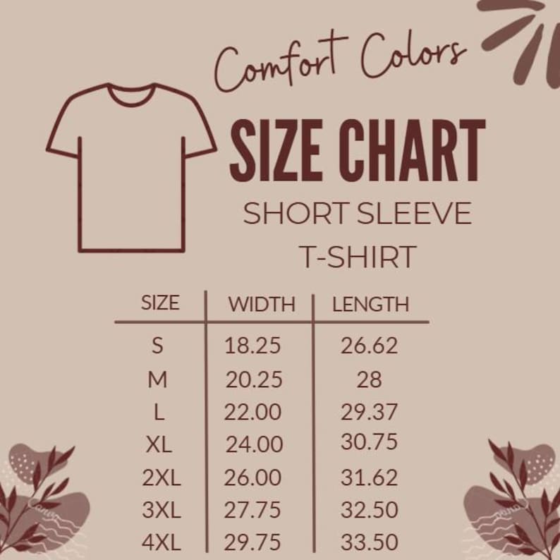 Pode incluir: Uma tabela de tamanhos para uma camiseta de manga curta, com medidas em polegadas. A tabela inclui tamanhos de S a 4XL, com as medidas correspondentes de largura e comprimento. O texto "Comfort Colors" est&aacute; no topo.