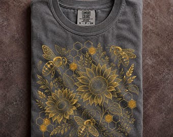 Gold Sunflower Bee Cottagecore Shirt Comfort Colors Botanical Tee (Only Print – Not Glitter)