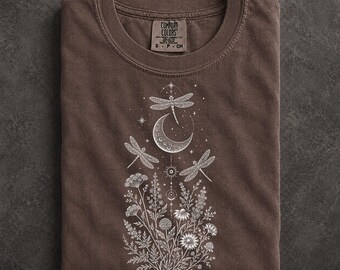 Celestial Dragonfly Cottagecore Botanical Garden Nature Lover Graphic T-Shirt Wildflower Art