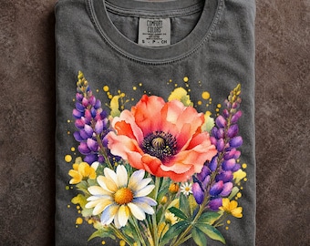 Watercolor Poppy and Daisy Bouquet Comfort Colors T-Shirt, Botanical Lupin Garden Art