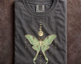 Comfort Colors Luna Moth Moon Phase Celestial Sacred Geometry Shirt Mystical Insect Graphic Tee