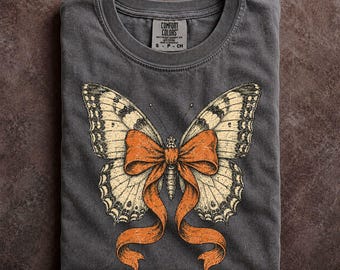Coquette Butterfly Bow Shirt Comfort Colors Ribbon Graphic Tee Vintage Botanical Top