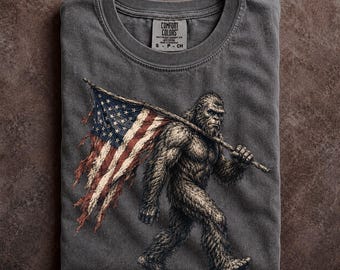 Patriotic Bigfoot American Flag Graphic Tee Vintage Sasquatch Outdoor Apparel Comfort Colors Shirt