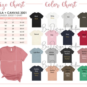 Puede incluir: Tabla de tallas y carta de colores para camisetas de jersey unisex Bella + Canvas 3001. La tabla de tallas muestra las medidas de pecho y longitud en pulgadas, y el pecho correspondiente para ajustarse en pulgadas. La carta de colores muestra una variedad de colores, incluyendo negro, blanco, ceniza, ej&eacute;rcito, natural, rosa, azul marino, rojo, azul claro, heather atl&eacute;tico, heather gris oscuro, heather malva, heather navy, heather melocot&oacute;n, heather oliva y heather kelly.