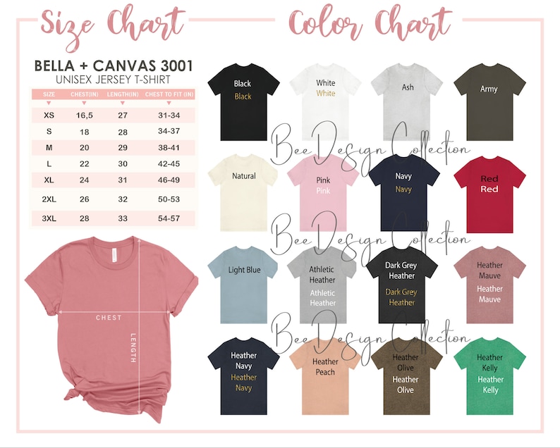 Puede incluir: Tabla de tallas y carta de colores para camisetas de jersey unisex Bella + Canvas 3001. La tabla de tallas muestra las medidas de pecho y longitud en pulgadas, y el pecho correspondiente para ajustarse en pulgadas. La carta de colores muestra una variedad de colores, incluyendo negro, blanco, ceniza, ej&eacute;rcito, natural, rosa, azul marino, rojo, azul claro, heather atl&eacute;tico, heather gris oscuro, heather malva, heather navy, heather melocot&oacute;n, heather oliva y heather kelly.
