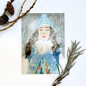 Carte postale ou carte de voeux "Femme d'hiver" | A6 |  illustration moderne | Carte de Noël hiver | neige | Carte cadeau femme | Petite amie