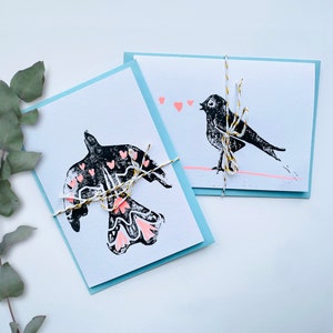 Linoldruck-Karten handgefertigte mit Vogelmotiv – Schwarz & Neon – Unikat I Valentinstag I Hochzeitstag I Geburtstag