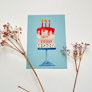 Cartão de aniversário pintado à mão em aquarela - 'Bolo de feliz aniversário' | aniversário | Ecologicamente correto