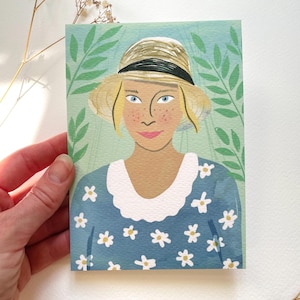 Postal o tarjeta de felicitación "Mujer con margaritas" | A6 |  ilustración moderna | Colorido | Naturaleza y flores | Tarjeta de regalo mujer | Novia