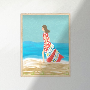Kunstdruck „Strandspaziergang“ | Frauen Illustration Print | Sommerliche Wandkunst | Strand & Meer Poster | Wohnungsdeko modern Kunst