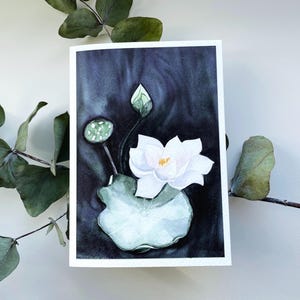 Carte de deuil motif aquarelle lotus carte pliante peinte à la main espoir silence carte de condoléances fleur de lotus aquarelle | Carte d'art florale A6