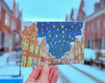 クリスマスカード「街の魔法の光」イラスト｜雰囲気のある冬のカード｜アートカード｜クリスマスハウス｜雪