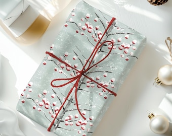 Papel de regalo navideño | Papel de regalo de invierno de alta calidad | Ramas de bayas rojas y blancas | Pintado a mano