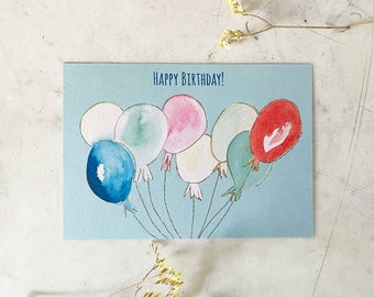 Birthday card hand painted watercolor – 'Happy Birthday Balloons' | birthday | Environmentally friendly