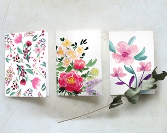 Hand-painted watercolor card set | Flowers | Spring | Greeting card | Congratulations | Birthday | Thank you card | Wedding card