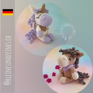 May include: Two crocheted stuffed animals, a purple unicorn and a brown horse, are sitting on a pink and white background. The unicorn has a gold horn and a purple mane and tail. The horse has a brown mane and tail. Both animals have black eyes and a brown nose.