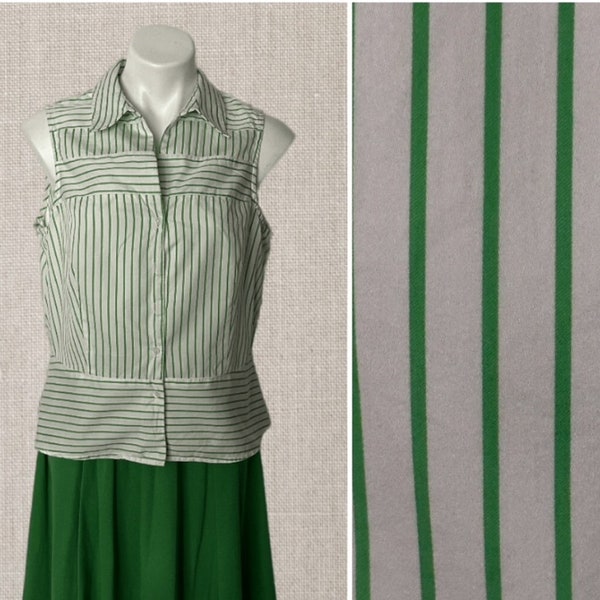 Vintage 90s Jones Of New York Signature 100% Cotton Sleeveless Blouse Size Large Green and White Striped Tank Style Top