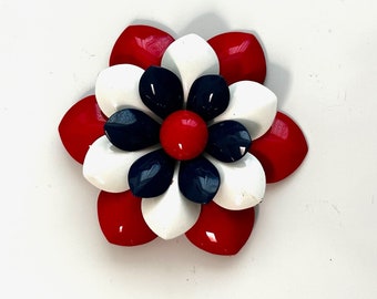 Vintage MCM 60s Large Metal Floral Brooch with Red, White and Blue Petals -  2 1/2 Inches Diameter