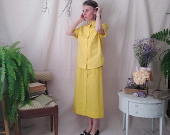 Vintage Skirt Set - 70s Yellow - The Villager  - Small/Medium - Short Sleeve - 2 Piece Set