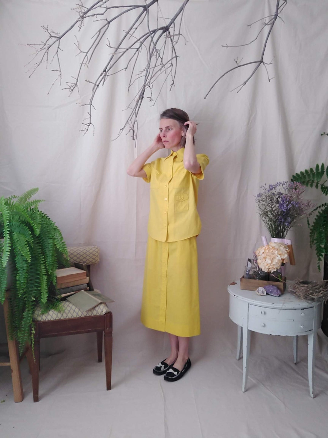 Small 70s Black Rayon Skirt Set