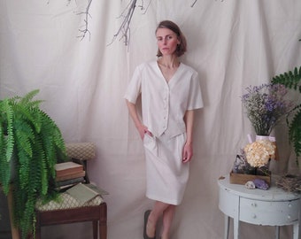 Vintage Skirt Suit - 80s Linen Look Polyester - Medium - Jessica Scott - Shoulder Pads - Cream Color