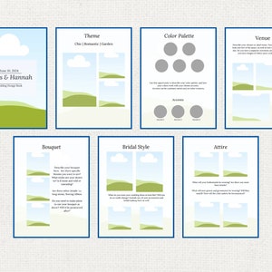 May include: A wedding design book with a blue and green color scheme. The book has sections for the theme, color palette, venue, bouquet, bridal style, and attire. The book has a cloud and hills design.