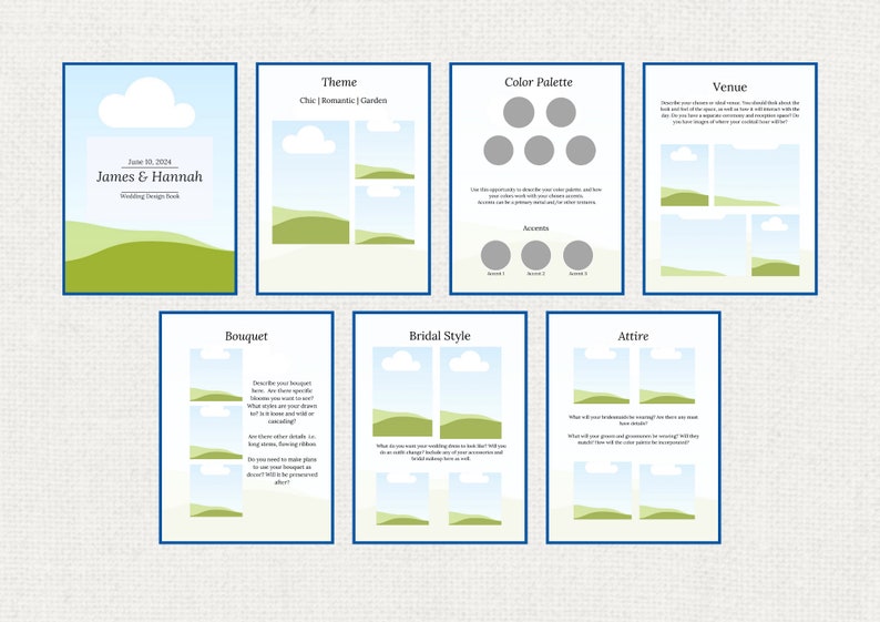 May include: A wedding design book with a blue and green color scheme. The book has sections for the theme, color palette, venue, bouquet, bridal style, and attire. The book has a cloud and hills design.