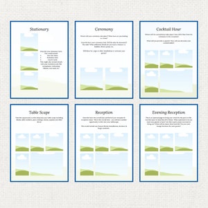 May include: A printable wedding planning checklist with six sections: Stationary, Ceremony, Cocktail Hour, Table Scape, Reception, and Evening Reception. Each section has a blue border and a light blue background with a green and white landscape illustration.