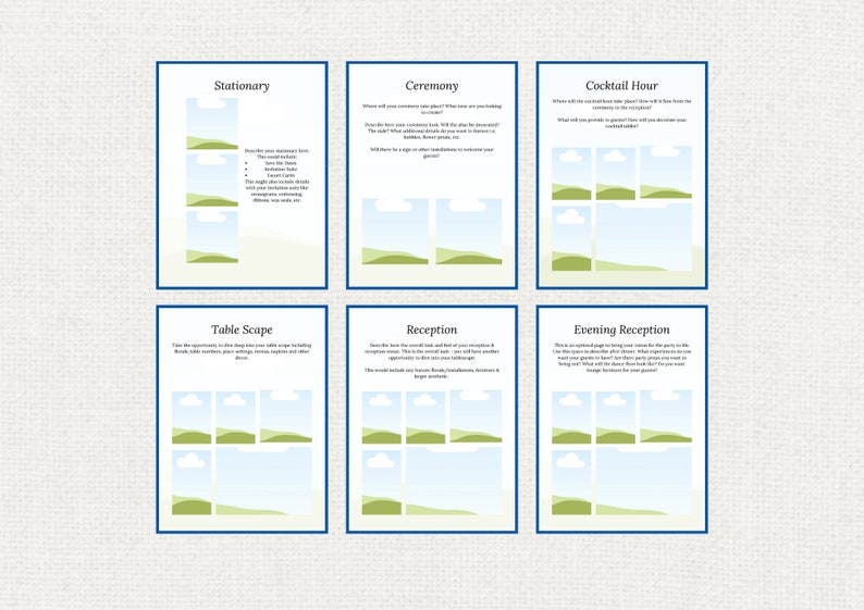 May include: A printable wedding planning checklist with six sections: Stationary, Ceremony, Cocktail Hour, Table Scape, Reception, and Evening Reception. Each section has a blue border and a light blue background with a green and white landscape illustration.