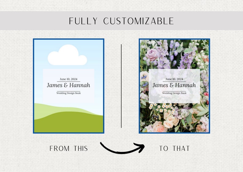 May include: A customizable wedding design book cover template with two options. The first option features a simple blue sky with a white cloud and green hills. The second option features a floral arrangement with a white label that says "June 10, 2024 James & Hannah Wedding Design Book".