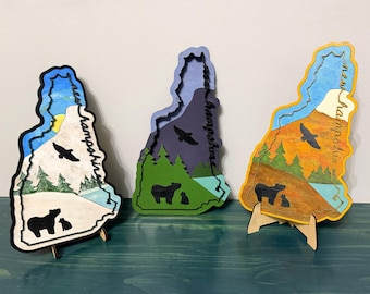 Hand-Painted Layered Wood New Hampshire Mountain Bear Scene Wall Art – Rustic NH Decor