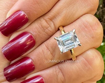 Emerald Cut Lab Grown Diamond Engagement Ring, Hidden Halo, Handmade