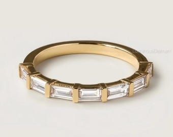 Baguette Cut Lab Grown Diamond Half Eternity Band, Handmade Gold Stackable Wedding Ring