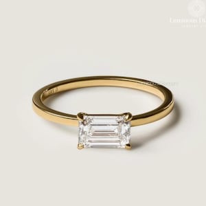 East West Emerald Cut Lab Grown Diamond Ring Half Bezel Solitaire Engagement Ring Unique Solitaire Diamond Ring 18K Yellow Gold Wedding Ring