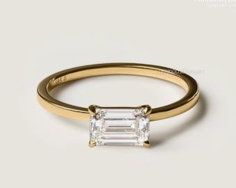 East West Emerald Cut Lab Grown Diamond Ring, 18K Yellow Gold