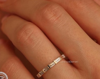 Baguette Cut Lab Grown Diamond Half Eternity Band, Handmade Gold Stackable Wedding Ring