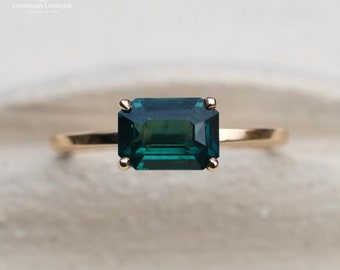 1.25 CT Teal Green Sapphire Engagement Ring, Emerald Cut Solid Gold Ring for GF/Wife, Montana Sapphire Ring for Gift, Gold/Silver Ring