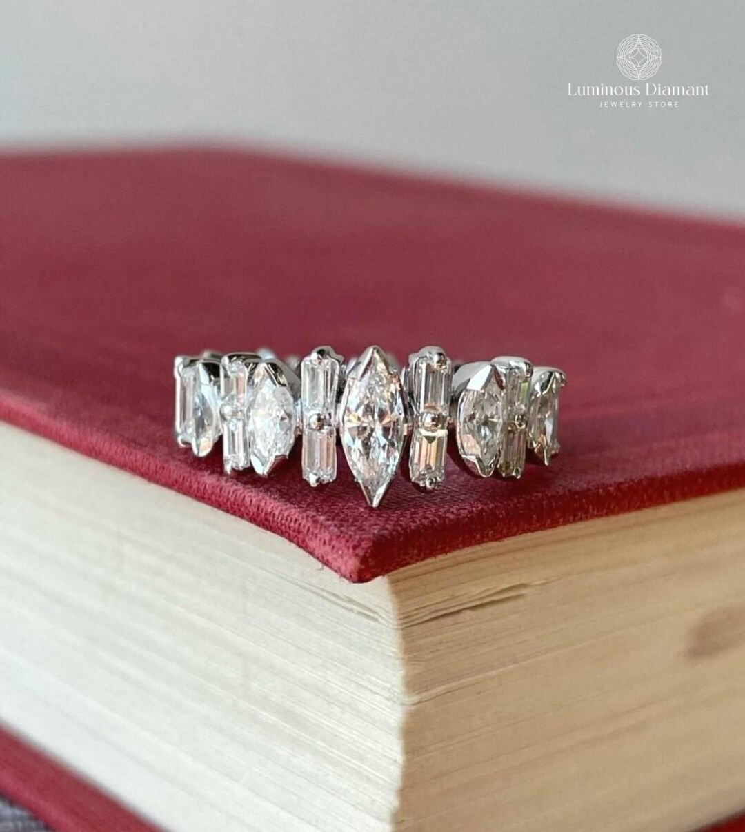 Art Deco Marquise & Baguette Lab Grown Diamond Ring, 14K White Gold - Etsy