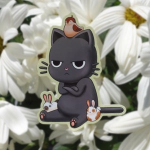Chagrijnige kattensticker|| kawaii, schattige, boze vinylsticker met vogel en konijntjes.