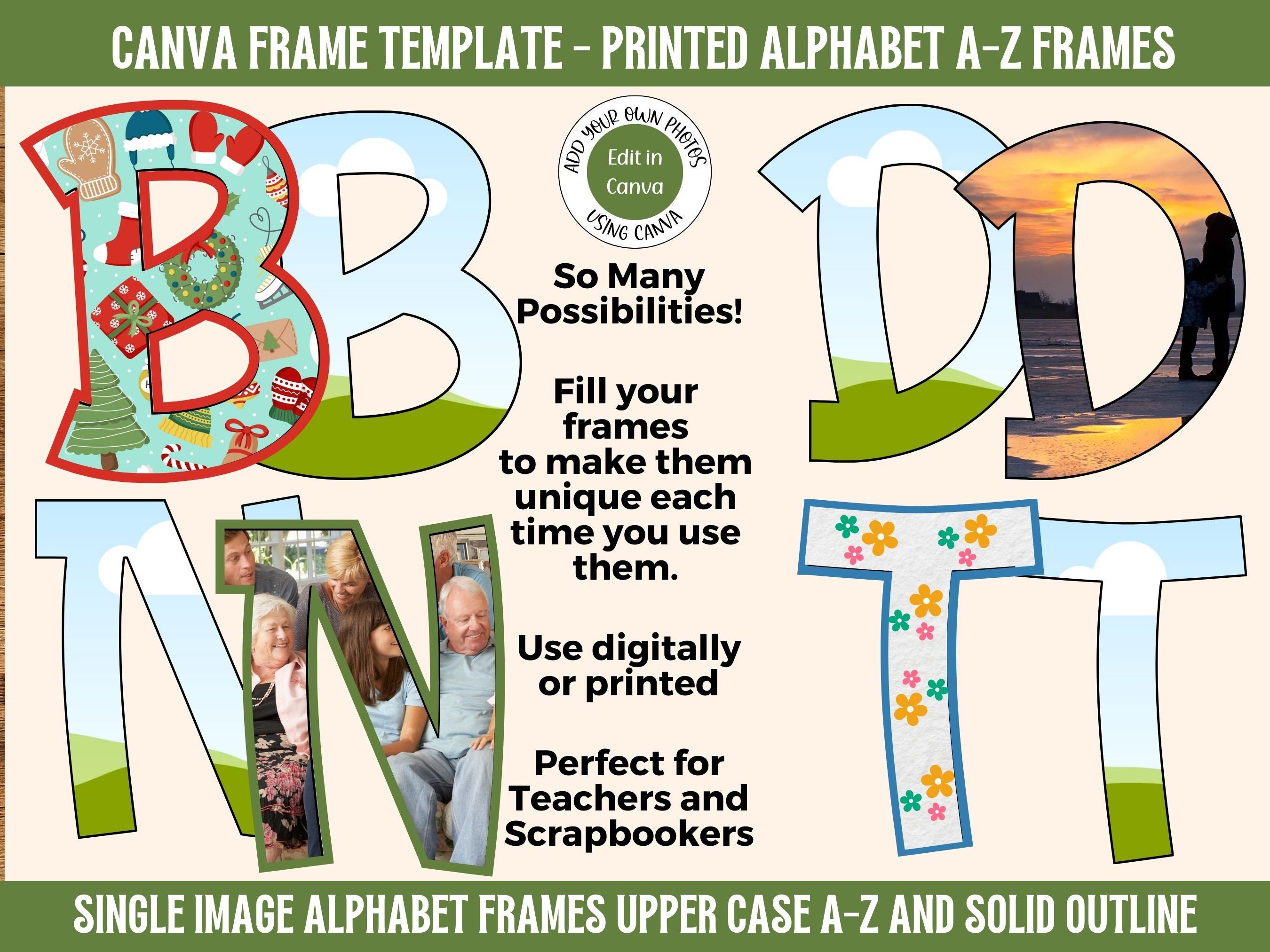 Canva Frame Alphabet Template A-Z | Upper Case Printed Font Fillable ...