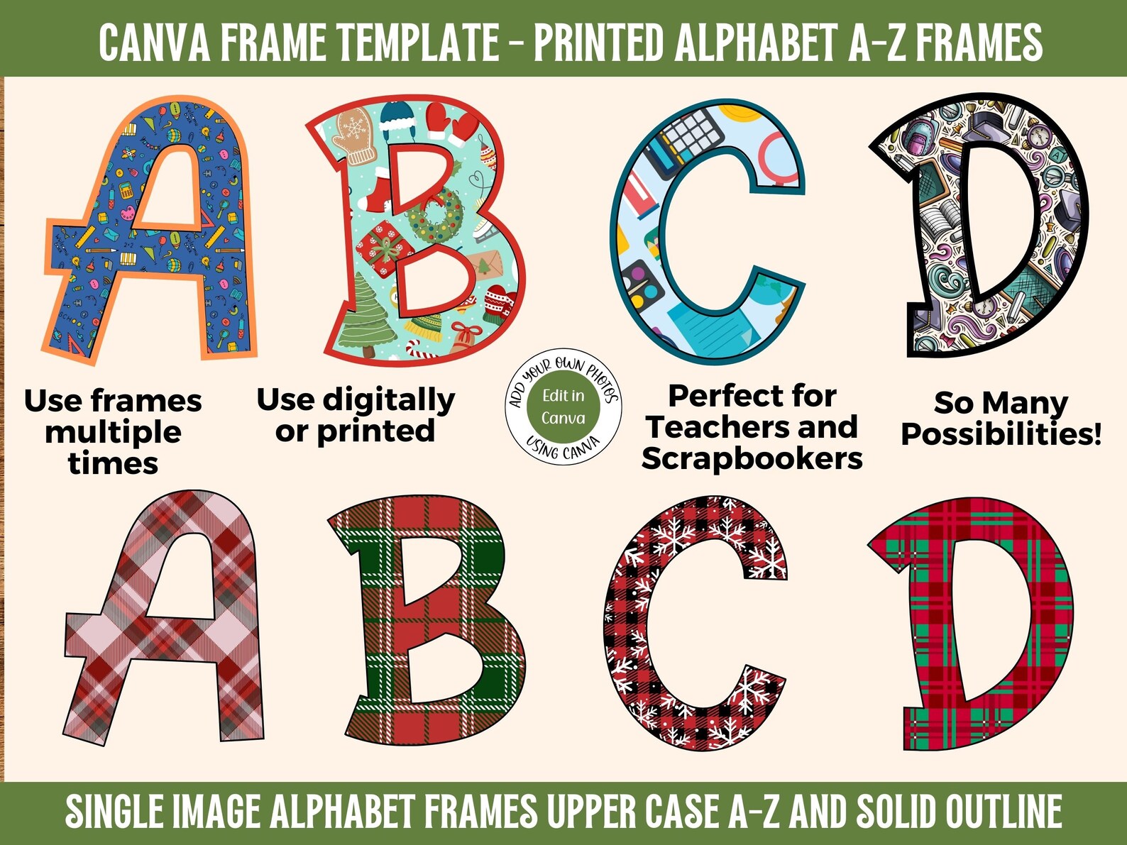 Canva Frame Alphabet Template A-Z | Upper Case Printed Font Fillable ...