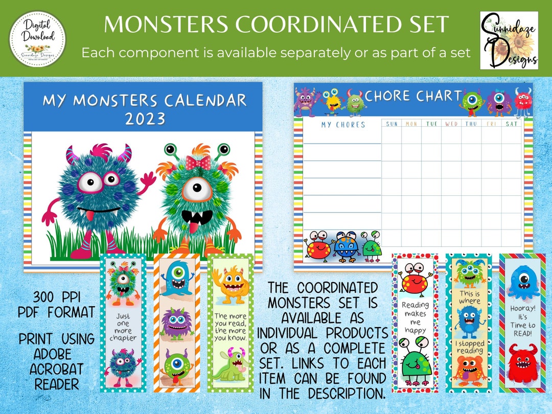 Printable Monster Calendar 2023 Kids Chore Charts Bookmarks Etsy