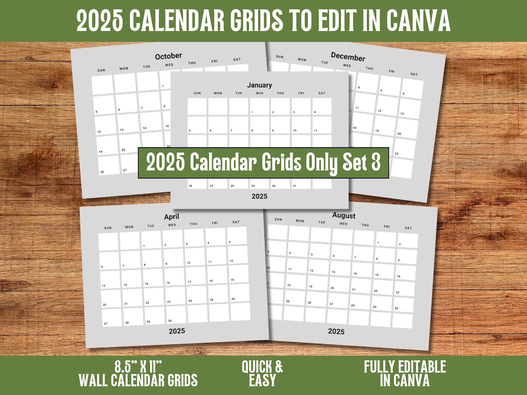 2025 Wall Calendar Grids Canva Templates Set 3 Fully Editable 12 Months 8.5x11 Pages Digital
