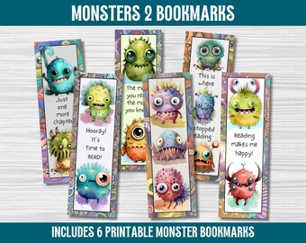 Monsters Bookmarks Set of 6 Printable PDF | Cute Bookmark for Kid Readers | Digital Download