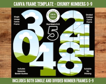 Canva Frame Number Template 0-9 | Chunky Font Number Collage Frame | Single and Divided Number Frames | Digital Download