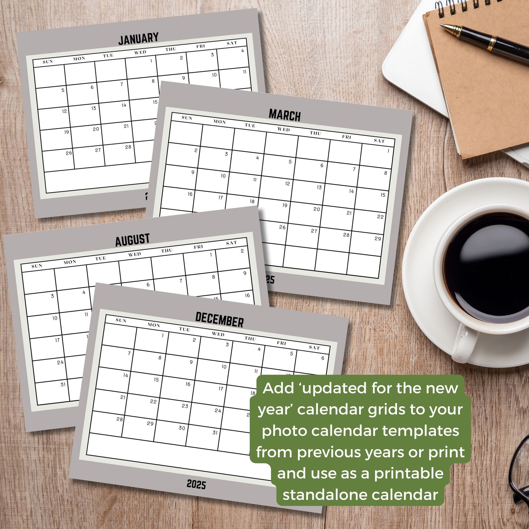 2025 Wall Calendar Grids Canva Templates Set 2 Fully Editable 12 Months ...